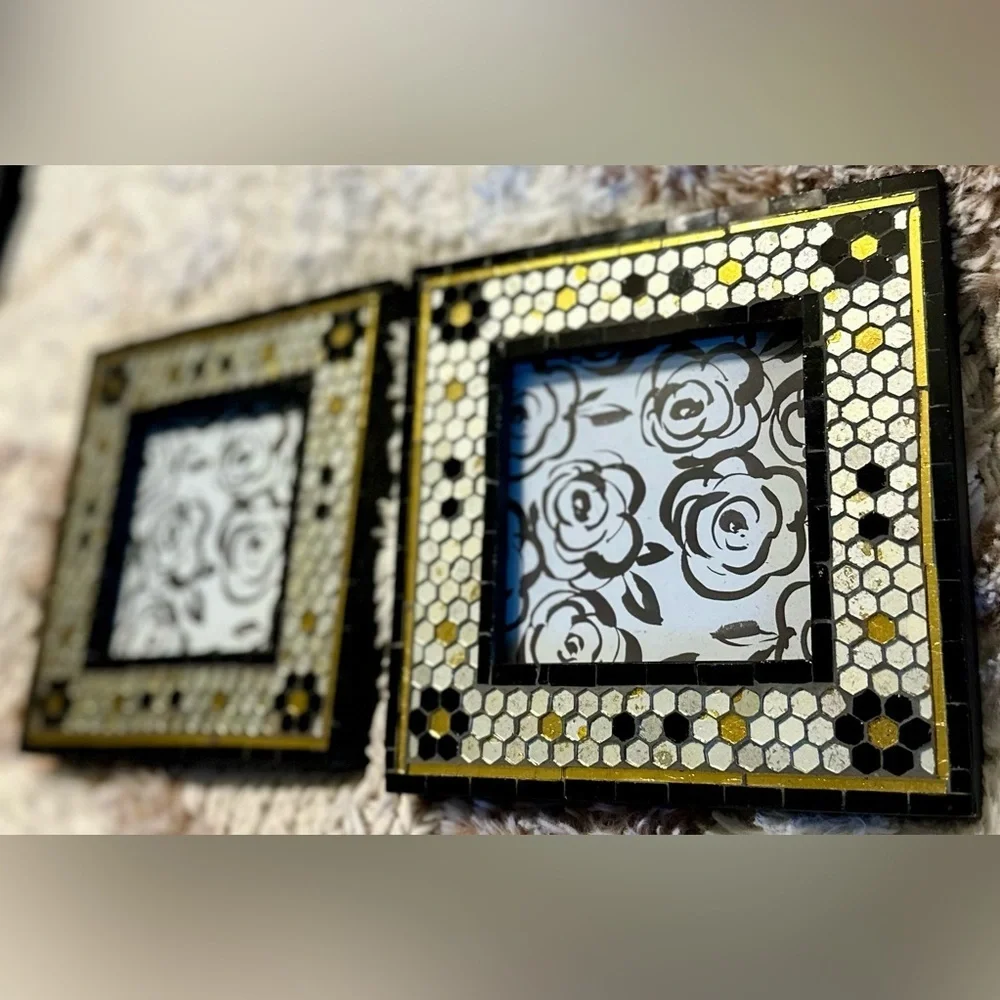 Anthropologie Mosaic Tile 4x4 Picture Frames — Set of 2, Black/White/Gold, NWT